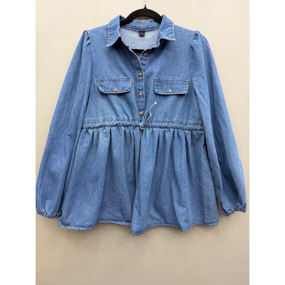 Denim Peplum Blouse Women S Puff Sleeve Babydoll Chambray Utility Cottagecore - Picture 2 of 5